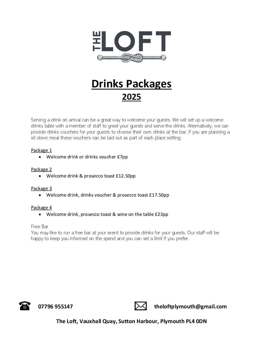 The Loft Drinks Packages 2024