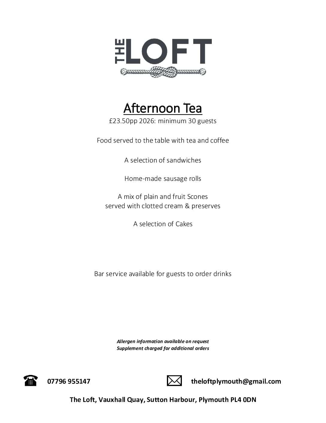 Afternoon Tea Menu 2026 £23.50 pp