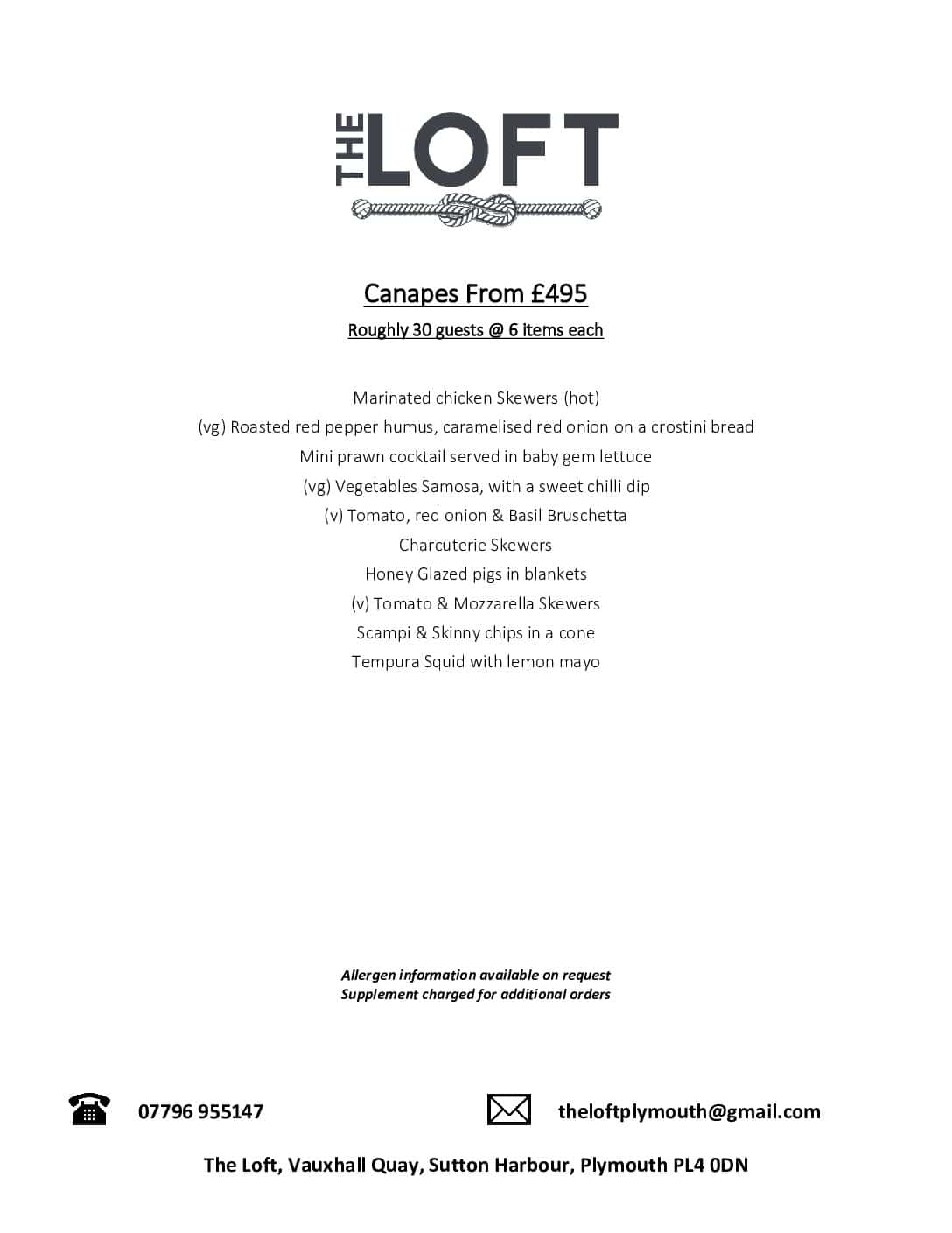 The Loft Canapes Menu 2026 from £495